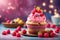 vanilla cupcake with raspberries still life stock images. Delicious creamy cupcake with berries on the table.
