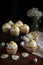 Vanilla cupcakes decorated with chamomile flowers on a dark background. Generative AI