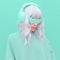 Vanilla Dj Blonde Girl. Monochrome Party style. Fresh aesthetic mint colours. Listen to light music