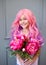 Vanilla Girl. Kawaii vibes. Candy colors design. little girl with pink hair and flowers smile and has a fun