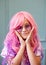 Vanilla Girl. Kawaii vibes. Candy colors design. little girl with pink hair and sun glasses smile and has a fun