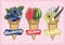 Vanilla ice cream. Blueberry ice cream. Melon ice cream. Vector illustration of fruit ice cream cone, Hand-drawn design