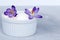 Vanilla ice cream decorated with purple flowers. Ice cream on a light background. Ð¡lose-up. Healthy vegan icecream. Breakfast.