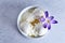 Vanilla ice cream decorated with purple flowers. Ice cream on a light background. Ð¡lose-up. Healthy vegan icecream. Breakfast.