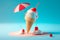 Vanilla ice cream sundae cone with red cocktail umbrella stuck into it on top. Generative ai