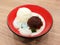 Vanilla icecream green tea jelly with red bean paste and soy mil