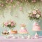 Vanilla pink layered cakes with whipped pink cream flower on top - oil painting