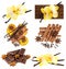 Vanilla pods with orchid flower, chocolate, cinnamon sticks