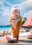 Vanilla Strawberry Ice cream on the tropical beach. Ai generative
