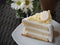 Vanilla and wipping cream cake with white chocolate on topping
