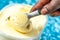 Vanillaice cream. Creamy, melt.vaillaice cream scoop.Closeup. top view