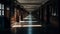 Vanishing point in modern corridor, illuminated by natural reflection generated by AI