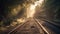 Vanishing point on railroad track, old locomotive motion generated by AI