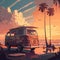 Vanlife, Sunrise, sandy parking lot, Van, surfboards, beach. Watercolor. ai generative