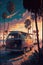 Vanlife, Sunrise, sandy parking lot, Van, surfboards, beach. Watercolor. ai generative