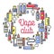 Vape club promotional logotype with devices for smoking in circle
