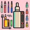 Vape device vector set cigarette vaporizer vapor juice bottle flavor illustration battery coil.