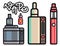 Vape device vector set cigarette vaporizer vapor juice bottle flavor illustration battery coil.