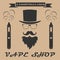 Vape shop logo. hipster with electronic cigarette. Vape shop ban