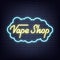 Vape shop. Vape shop neon sign. Neon glowing signboard banner design