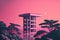 Vaporwave landscape with abstract building with pillars. 80s styled pink and blue minimalistic architectural scene