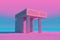 Vaporwave landscape with abstract building with pillars. 80s styled pink and blue minimalistic architectural scene