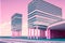 Vaporwave landscape with abstract building with pillars. 80s styled pink and blue minimalistic architectural scene