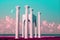 Vaporwave landscape with abstract building with pillars. 80s styled pink and blue minimalistic architectural scene