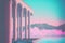 Vaporwave landscape with abstract building with pillars. 80s styled pink and blue minimalistic architectural scene