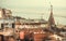 Varanasi city rooftop view with old buildings near Ganges river and grunge historical roofs, India