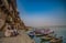 Varanasi ghat at afternoon with ferry boats