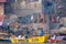 Varanasi, India, 16 november, 2019 / Hinduist cremation pyre in Manikarnika Ghat in front of the Ganges river in Varanasi,  India