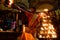 Varanasi, India - 16 september 2018: close up of young hindu priest performing daily ritual ganga aarti ceremony with fire and