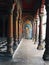 Varanasi, India: Interior of an empty ancient hindu temple with stone carved design, pillars with checker