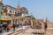 VARANASI, INDIA - OCTOBER 25, 2016: View of a Ghat riverfront steps of sacred river Ganges in Varanasi, Ind