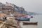 VARANASI, INDIA - OCTOBER 25, 2016: View of a Ghat riverfront steps of sacred river Ganges in Varanasi, Ind