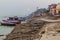 VARANASI, INDIA - OCTOBER 25, 2016: View of a Ghat riverfront steps of sacred river Ganges in Varanasi, Ind