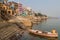 VARANASI, INDIA - OCTOBER 25, 2016: View of Lal Ghat riverfront steps of sacred river Ganges in Varanasi, Ind