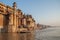 Varanasi, India â€“ October 11, 2010: People bathing in Ganges from ghats of Varanasi