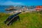 Varberg, Sweden, July 12, 2022: Bathhouse at a beach in Swedish