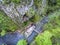 Varghisului Gorges in Covasna and Harghita county, Transylvania, Romania. Entrance to one of the caves visible. Aerial view from