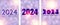 Variation of New Year 2024 vertical cards with numbers on bright purple textured background with blurred round sparkles and sun