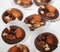 Variations of chocolated sweet pralines close up