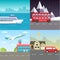 Variations transport of travel vacation tour infographic. Cruise, bus, flying on plane, car journey trip background