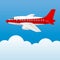 Varicolored plane on a background of blue sky and white clouds. Cartoon style. Vector Image.