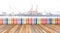 Varicolored wooden fence and floor wood with cargo ship backgro