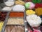 Varieties of colorful Thai dessert. Topping mixed for ice cream or shaved ice.