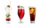 A variety of alcoholic drinks, beverages and cocktails on a white background. Three refreshing different drinks with berries