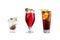 A variety of alcoholic drinks, beverages and cocktails on a white background. Three refreshing different drinks with original