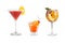A variety of alcoholic drinks, beverages and cocktails on a white background. Three refreshing drinks in different glass goblets